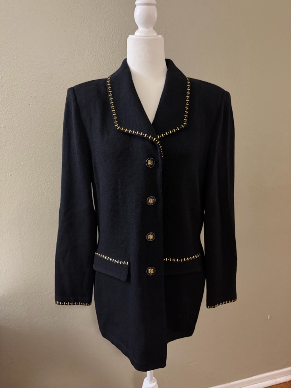 Vintage St. John Collection Black Gold Studded Knit Long Blazer Jacket Size 12